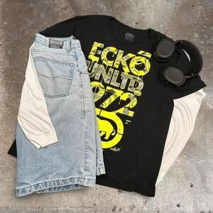 Mens Ecko Unltd Graphic T-Shirt Black Neon Yellow Rhino Y2K Streetwear 2XL
